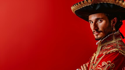 Obraz premium Man in a red and gold costume with a black hat and a serious expression.
