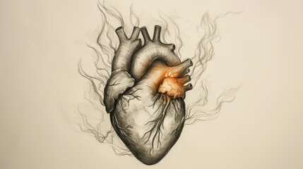 A black and white sketch of an anatomical heart with fiery accents, symbolizing intense passion and emotion. The carefully shaded details and subtle flames add a surreal touch to the artwork.