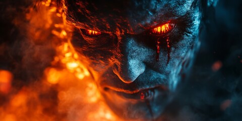 Fierce fire demon engulfed in flames with glowing eyes in dark realm