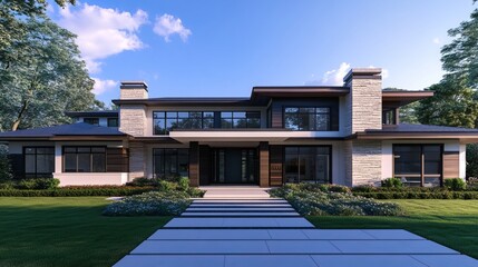 Modern, understated home displayed in crisp 3D rendering. White backdrop highlights clean lines and simple forms. 