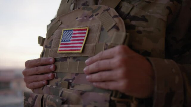 American Soldier With Flag On His Chest Of The United States During Memorial Day