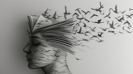 A conceptual artwork showcasing a human profile with an open book, morphing into flying birds. It beautifully represents freedom, knowledge, and the spread of ideas.