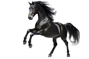 A majestic black horse rearing up with its mane flowing, showcasing strength and elegance in a studio setting