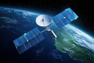 A detailed view of a modern satellite orbiting Earth, showcasing solar panels and communication dishes against a starry backdrop.