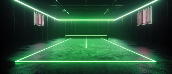 Obraz premium A futuristic tennis court lit with neon green lights, featuring a sleek design and dark walls.