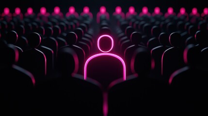 A lone figure stands out in a crowd, highlighted with neon light against a dark background, symbolizing individuality and isolation.