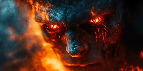 Fierce fire demon engulfed in flames with glowing eyes in dark realm