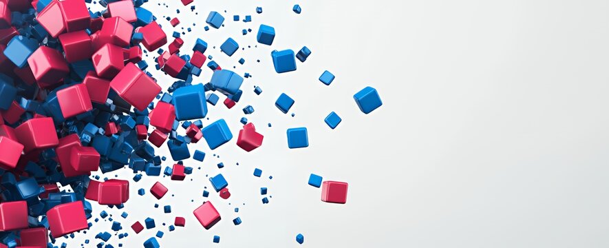 Abstract 3D rendering of red and blue cubes exploding on a white background.
