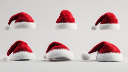 Red Santa Claus hat with different angles in white background using 3D rendering technology. 