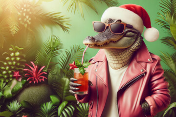 crocodile or alligator in Christmas hat, Fun, stylish, and relaxed animal fashion with holiday twist and laid back vibe for Christmas traveling and exotic vacations