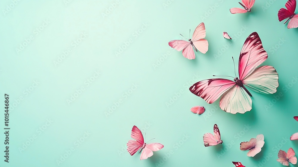 Poster a flock of pink butterflies soaring against a azure backdrop with space for text on the right side