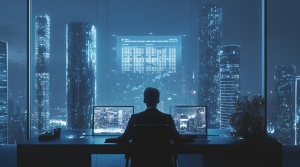Businessman working at his desk overlooking a city skyline at night.