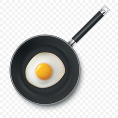 Vector 3d Realistic Fried Egg in the Black Frying Pan, Closeup Isolated, Top View. Design Template of Scrambled Eggs, Fried Egg, Omelette. Delicious Breakfast, Food, Culinary Concept