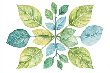 Fototapeta premium A vibrant watercolor illustration of green leaves arranged symmetrically on a white background.