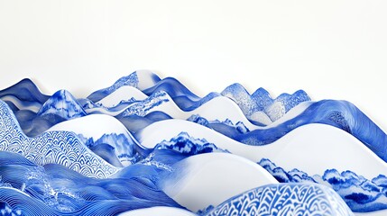 Abstract blue and white porcelain 3D ceramic mountain landscape with white background.