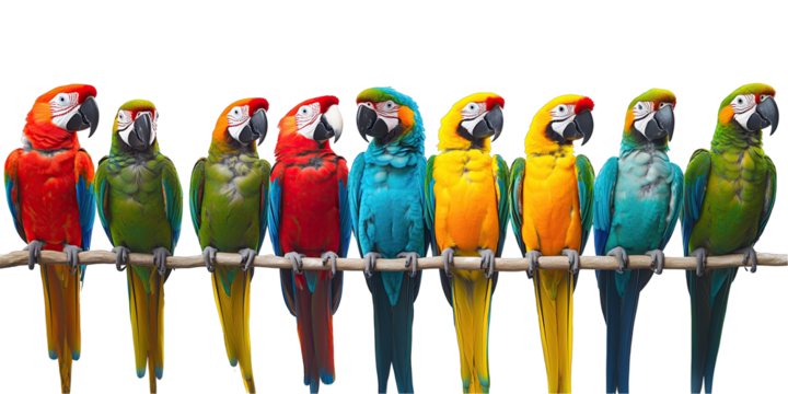 Colorful parrots perched in a row on a wooden branch against a stark white background during daylight