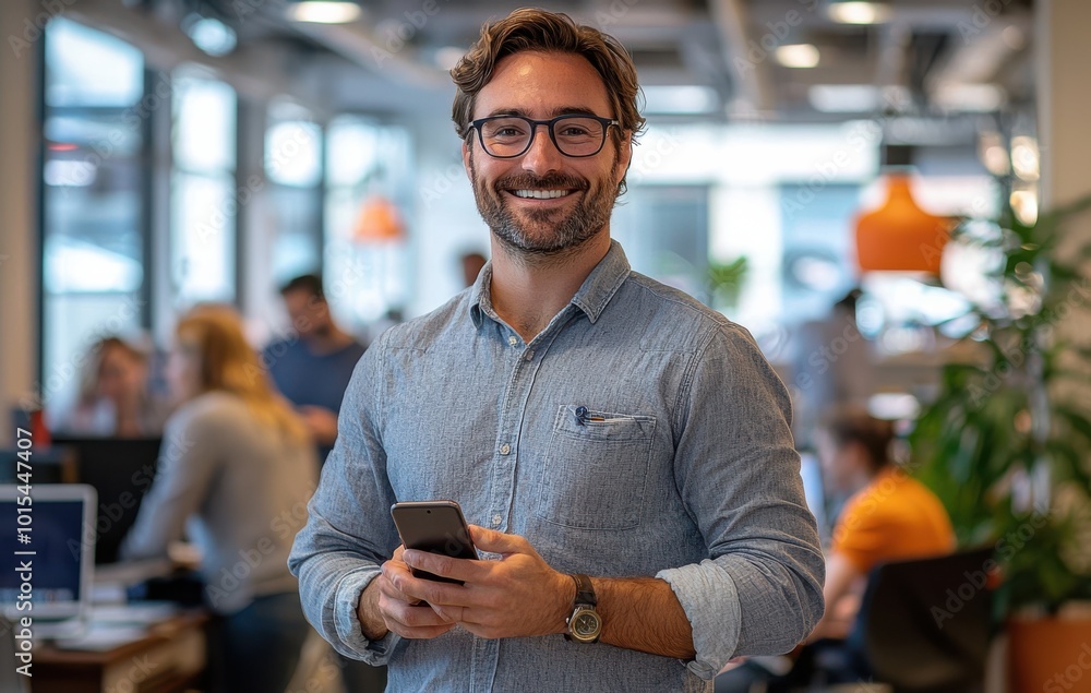 Poster smiling man in casual attire holding a smartphone in a modern office environment with colleagues wor