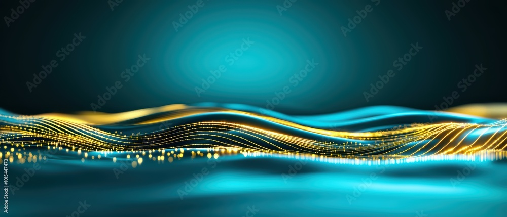 Poster abstract wave patterns in blue and gold tones, creating a mesmerizing visual effect.
