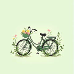 Fahrrad umgeben von bunten Blumen auf gr&uuml;nem Hintergrund