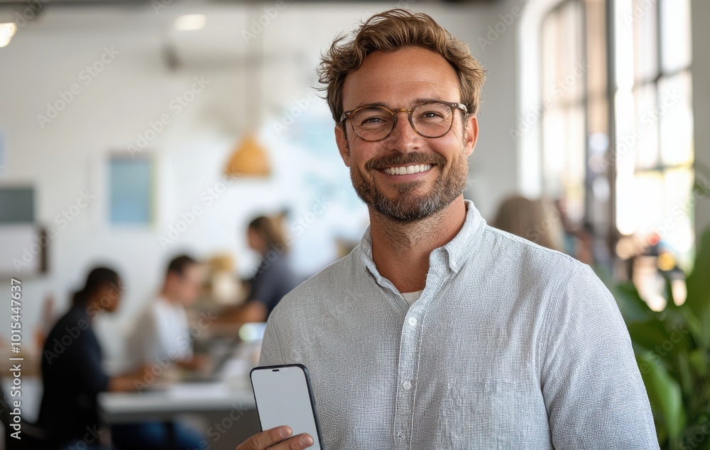 Poster smiling man in casual attire holding smartphone in modern office environment with blurred colleagues