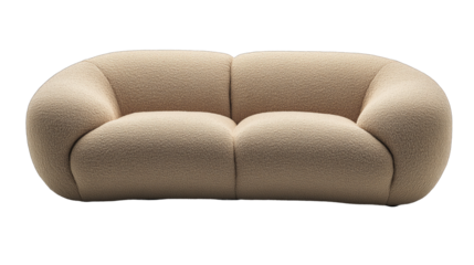 Stylish beige modern sofa with a rounded design placed in a contemporary living room setting during daylight hours