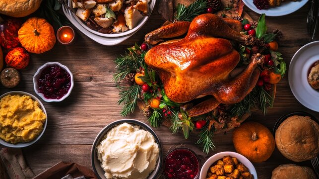 A rustic table displays a centerpiece roast turkey surrounded by bowls of cranberry sauce, mashed potatoes, and rolls, illuminated by warm, soft natural light