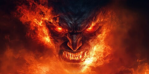 Fototapeta premium Fierce fire demon engulfed in flames with glowing eyes in dark realm