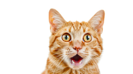 Obraz premium a close-up of an orange tabby cat with wide, yellow eyes and an open mouth. The cat's expression appears to be one of surprise or shock