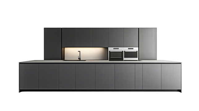Modern kitchen design featuring a sleek gray color scheme and built-in appliances, ideal for contemporary homes and culinary enthusiasts