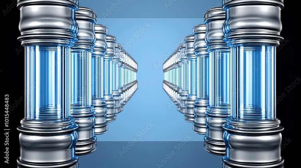 Poster Futuristic design featuring metallic columns with glowing blue lights, creating a visually striking perspective effect.