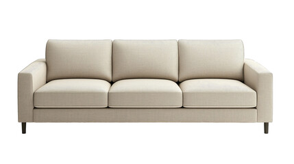 Fototapeta premium Modern three-seater sofa in neutral fabric placed against a plain white wall in a contemporary living room setting