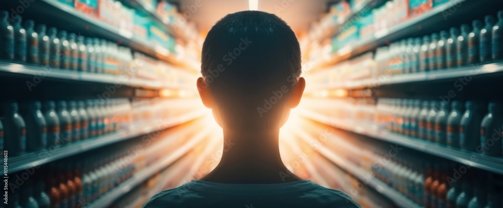Poster exploring the depths of aisle illumination a journey through light and shadows in a grocery store