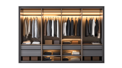A well-organized wardrobe featuring neatly hung clothes and refined storage options, designed for efficient space utilization