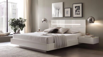 A spacious bedroom features a sleek white bed adorned with neutral bedding, stylish wall art, and a green plant, all bathed in natural light from large windows, creating a serene atmosphere.