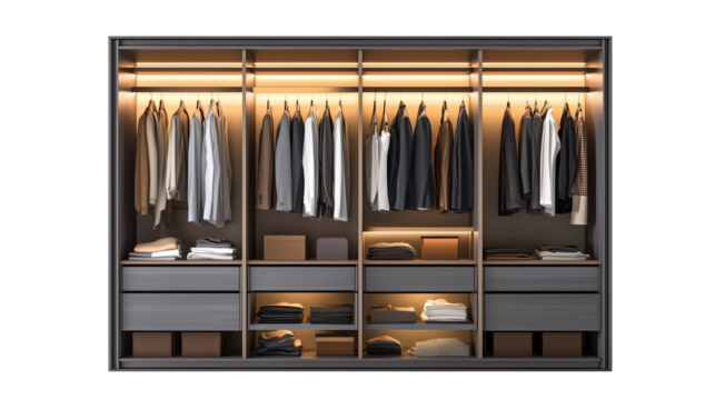A well-organized wardrobe featuring neatly hung clothes and refined storage options, designed for efficient space utilization