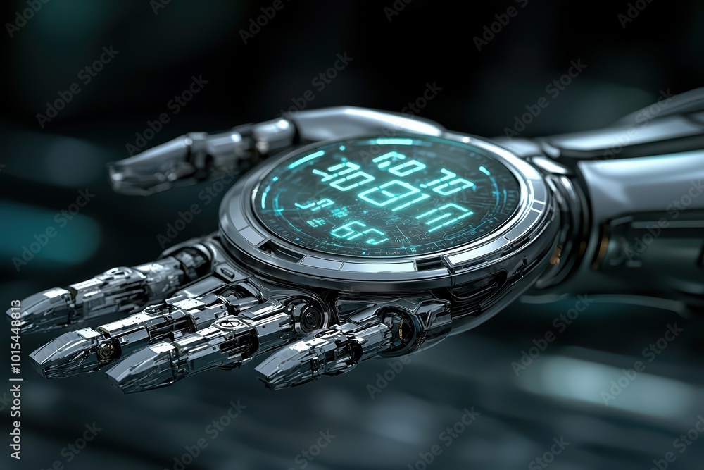 Poster futuristic robotic hand with digital interface, showcasing advanced technology and design.