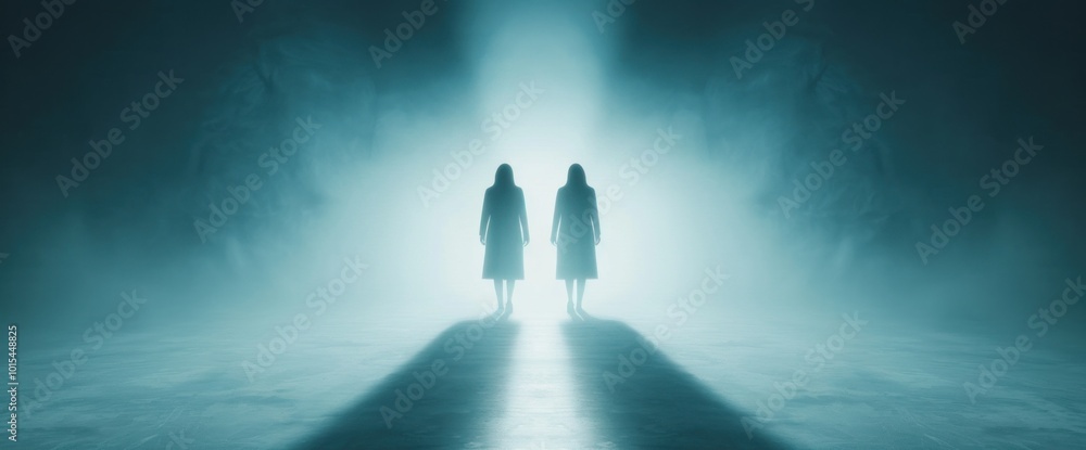 Poster mysterious figures in ethereal light exploring the unknown and the supernatural