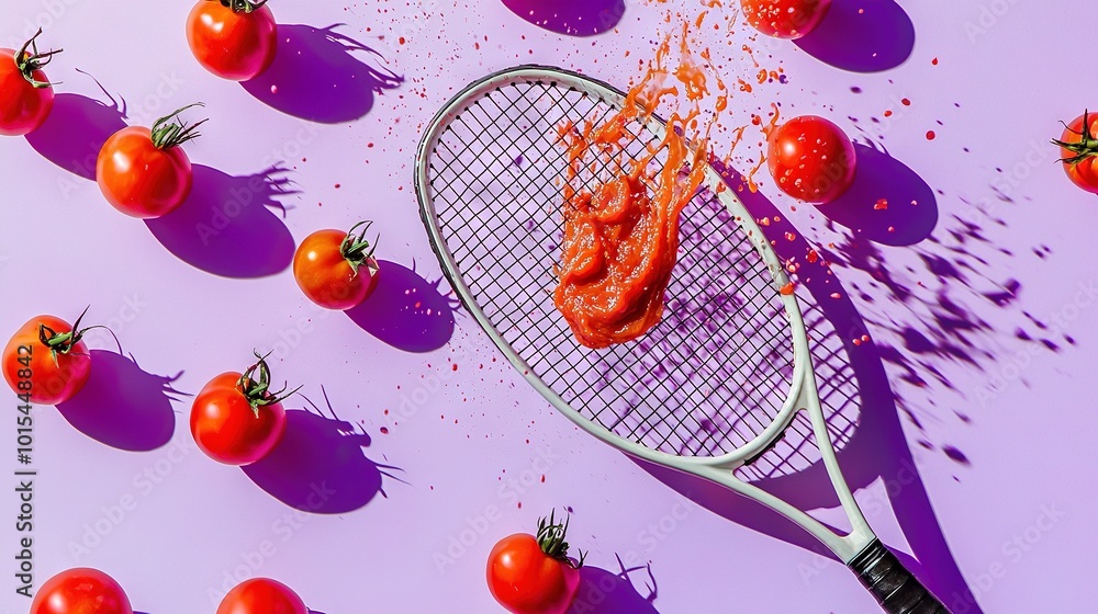 Poster   A macro shot of a tennis racket resting atop a table with tomatoes and orange juice splashing from it