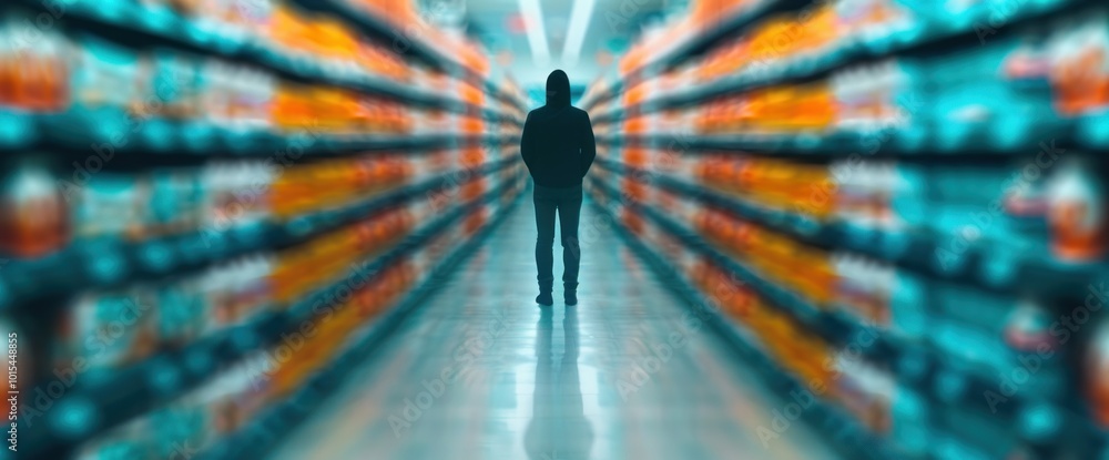Poster mysterious figure in an aisle exploring themes of isolation and consumerism