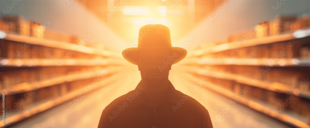 Poster a mysterious figure in a sunlit aisle exploring solitude and shadows in everyday spaces