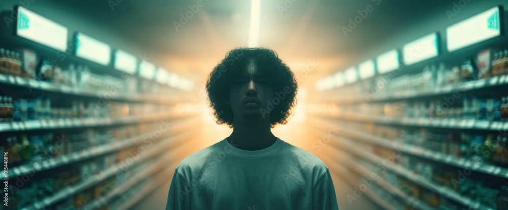 Poster mysterious figure in an illumined aisle a captivating exploration of isolation