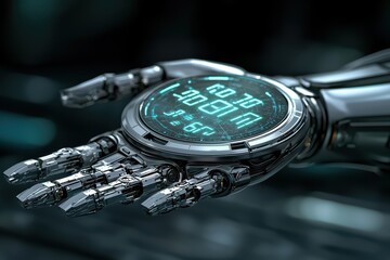 Futuristic robotic hand with digital interface, showcasing advanced technology and design.