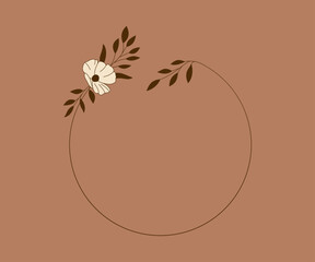 Ramka z botanicznym motywem w prostym stylu z listkami i kwiatami - zaproszenia ślubne, gratulacje, baby shower, pocztówki, kartki urodzinowe, kartki z życzeniami, dzień kobiet. © Monika