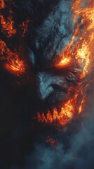 Fototapeta premium Fierce fire demon engulfed in flames with glowing eyes in dark realm