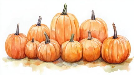 Obraz premium Watercolor illustration of pumpkins in various sizes, lined up together. 