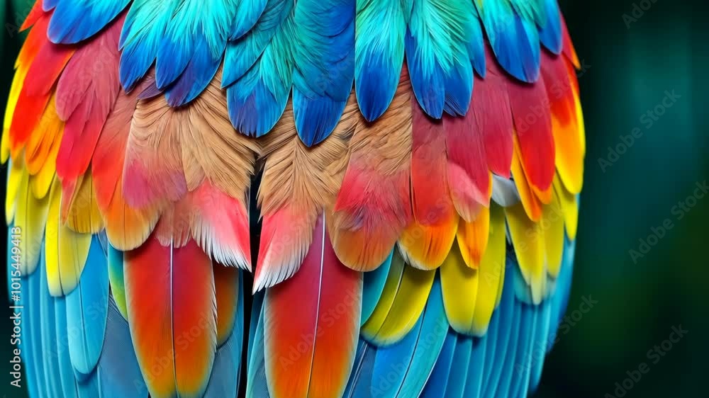 Poster a close-up of a colorful bird's feathers, showing the intricate patterns and vibrant hues