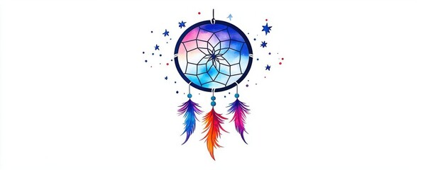 Obraz premium Dreams depicted as a magical dreamcatcher floating in the night sky, flat design, front view, spiritual theme, watercolor, Split-complementary color scheme
