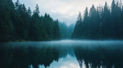 Fototapeta premium A tranquil misty lake surrounded by tall evergreen trees.
