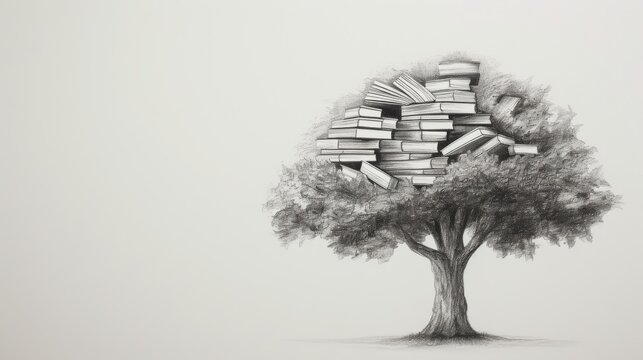 Black-and-white illustration of a tree with a canopy made of stacked books, symbolizing knowledge, education, and intellectual growth. The whimsical style adds a creative twist to the concept of