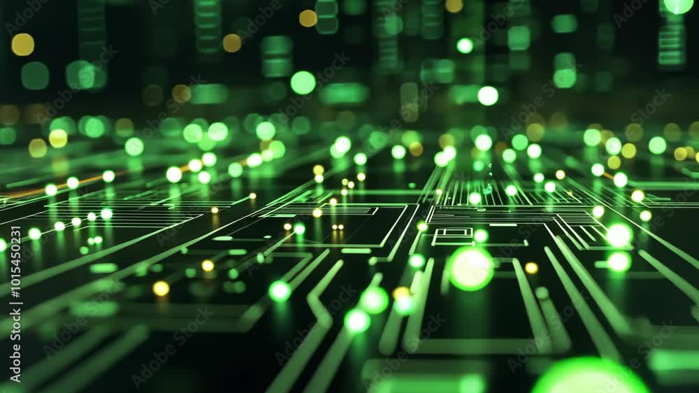 Poster a close-up of a circuit board with glowing green lights, representing the complexity of modern techn